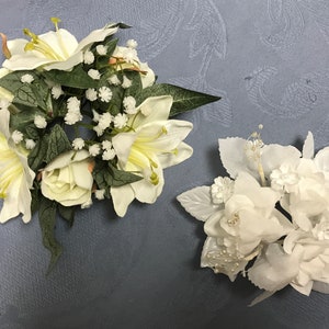 Floral Candle Rings For Taper Candles-2 Styles With 1 Opening-Ivory Shimmer w/ Lillies & Rosebuds-White Satin Shimmer Roses-Pearls-Beads image 1