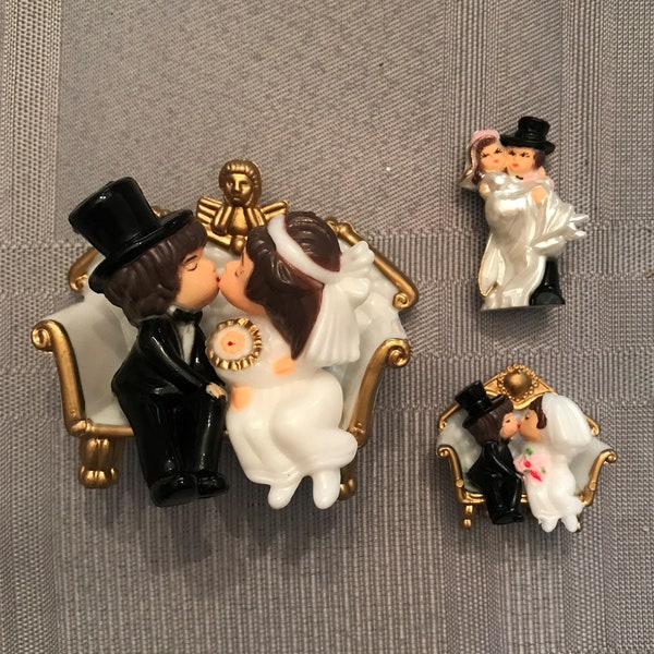 Small Retro Bride and Groom Kissing on a Couch-Vintage Plastic Mini Bride and Grooms for Cake Toppers-Favors-Crafts-Groom Carrying Bride