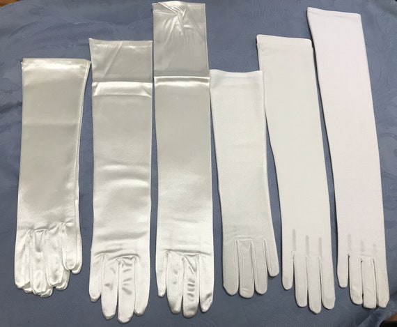 Guantes largos de satén blanco, guantes con dedos de satén lisos y  fruncidos brillantes, 3 longitudes, ideales para bodas, graduaciones,  cotillones, eventos, el toque perfecto -  México