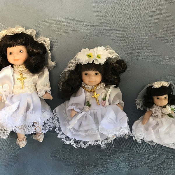 Primera Comunión-Novia-Muñecas florista-Pequeños recuerdos vintage de porcelana-Muñecas articuladas-3 tamaños- Satén y encaje con velo recortado de encaje