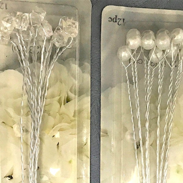 Crystal & Pearl Wired Stem Accent Decorations for Bouquets and Centerpieces-11" Silver Twisted Wired Faceted Iridescent Crystals and Pearls