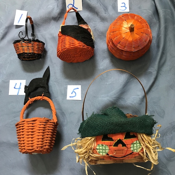 Small Wicker Fall Baskets-5 Halloween Vintage Baskets-Orange/Black-Ugly Witch-Black Cat-Pumpkin Box-Scarecrow-Philippine Baskets-Fall Decor