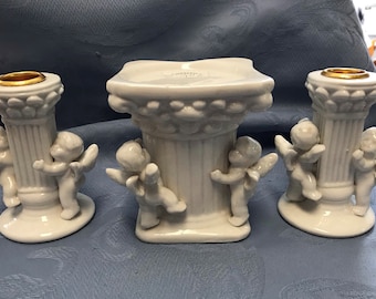 Unity Candle Holders-3 Piece Ceramic Cherub Angels Are Glazed-Great for Weddings or your Own Home - Perfect Gift-New Vintage-Classic Design