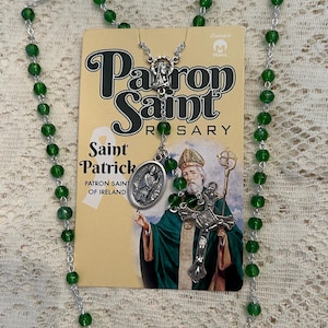 St Patrick Rosary W Prayer Card-Celtic Cross Box-St Patrick/Our Lady Of Knock Medal on 24" Chain-Green Clear Round & Oval Rosary-Irish Gifts