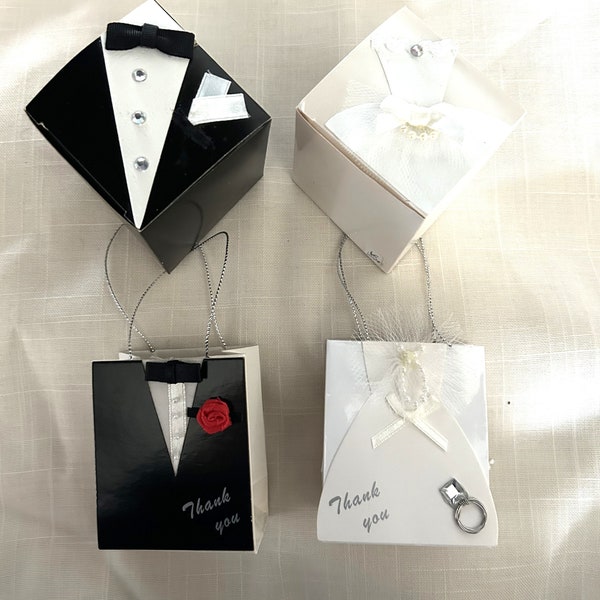 Bride & Groom Favor Bags and Boxes-3-6 Pcs-Bride Dress-Tuxedo Style Bags and Boxes-Perfect Easy Favor for Candy,Bomboniere,Weddings-Showers