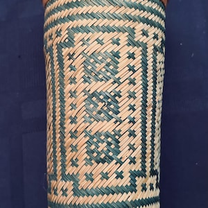 Vintage Wicker Vases-3 Unique Styles-Decorative Wicker & Bamboo Green and Tan Patterned Over Clay Vase-Gorgeous Pattern- Vase W Milk Glass
