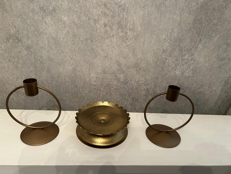 Wrought Iron Black & Antique Gold Vintage Unity Candle Holders-3 Piece Set-Pillar W Ring Side Holders-Swirl Pillar-Great for Home Use Later