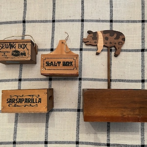 Wood Box Reproductions-Vintage Mini Wood Repro of Sewing Box-Sarsaparilla Crate-Salt Box & Pig Box-Late 80s-Cute Rustic Shelf Decor-Trinkets
