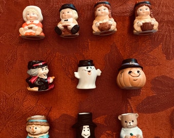 Thanksgiving & Fall Mini Candle Holders-Halloween-Mini Decorations- Russ Berrie-Vintage-90s-Pilgrims-Indians-Ghost-Pumpkins-Scarecrow-Witch