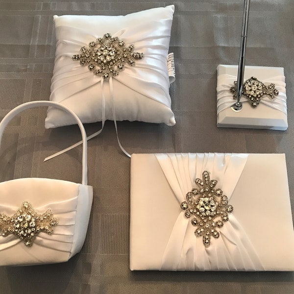 White Satin Bling Wedding Set from Lillian Rose-Gorgeous Satin Rhinestone & Crystal Design Guestbook, Pen,Ringbearer Pillow and Petal Basket