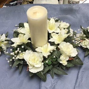 Floral Candle Rings For Taper Candles-2 Styles With 1 Opening-Ivory Shimmer w/ Lillies & Rosebuds-White Satin Shimmer Roses-Pearls-Beads image 4