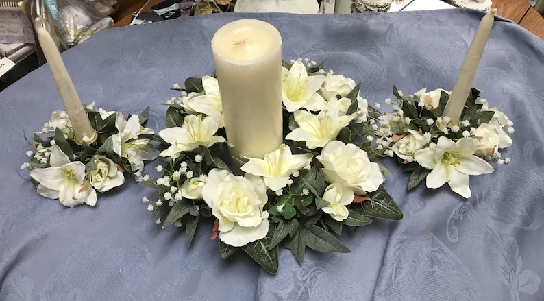 Floral Candle Rings For Taper Candles-2 Styles With 1 Opening-Ivory Shimmer w/ Lillies & Rosebuds-White Satin Shimmer Roses-Pearls-Beads image 4