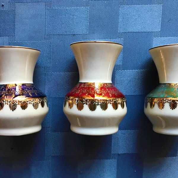 Ceramic Vases-Brazilian-1-3 Pcs-5 Styles-Leart-New Vintage-Pristine Condition-Amazing Gold w/ Red-Purple-Green-50th Favor-2 Hearts Wreath