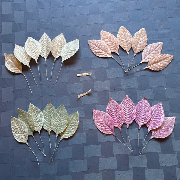 Velvet Leaves-Very Vintage-Good Vintage Condition-6 or 18 Velvet Wired Leaves-Made in Japan in 70's-Light Ivory-Pink-Aqua-Pink/Lilac-Peach