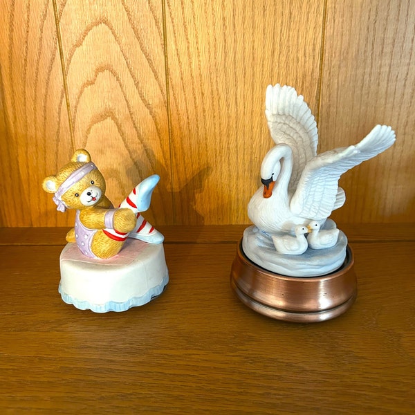 Swan Lake Musicals-2 Styles-Bear Ballerina-Majestic Swan with Baby Swans-Rotating-Vintage from 90s-Ceramic Bear in Leotard-Global Art-Aldon