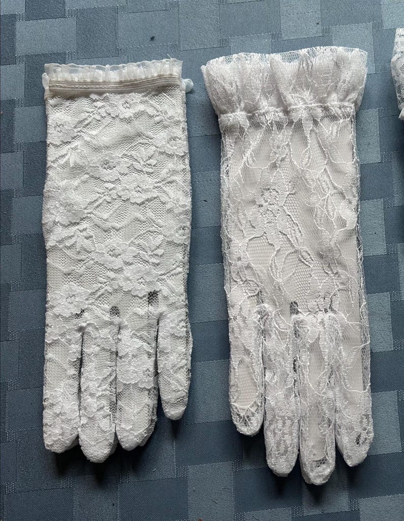 Short Lace Gloves-White-Ivory-Pink-Black w Short & Long Ruffle-10-12" Long-Formal-Vintage-Great for Weddings-Prom-Cotillion-New Years-Events image 2