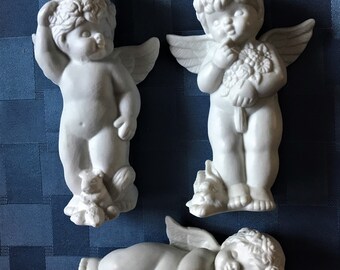 Vintage Ceramic Angels-White-3 Different from the 80"s-Cherub with Fruit on Head and Squirrel-Angel with Flowers & Rabbit-Angel Laying Down