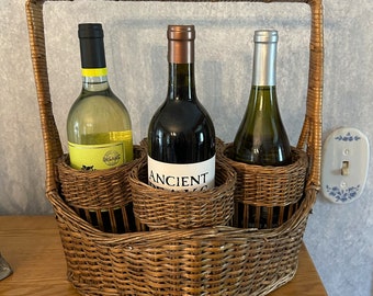 Wicker Wine Carrier or Rack-Holds 4-750ML Bottles-Great Vintage Wine Basket for Special Gift-Wine Rack for Your Home-Classic Sturdy Design