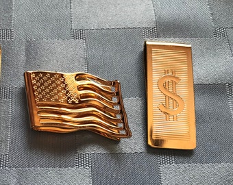 Money Clip-Dad-Groomsman-New Vintage Perfect Goldtone-2 Styles Flag & Dollar Sign-Great Gift Card Holder-Great Guys Gift-Birthdays-Christmas