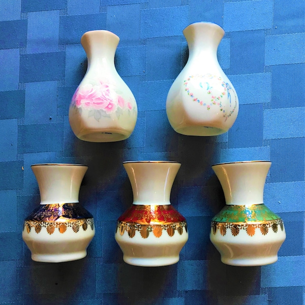 Ceramic Vases-Brazilian-1-3 Pcs-5 Styles-Leart-New Vintage-Pristine Condition-Amazing Gold w/ Red-Purple-Green-50th Favor-2 Hearts Wreath