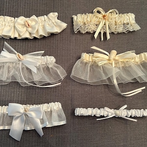Beach/Destination Wedding Garters-6 Styles-Ivory & White Garters-Great Gift-Accent for Beach or Tropical Weddings-Shell Accents-Satin-Tulle