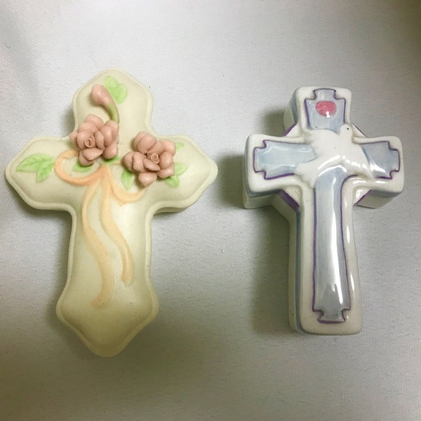 Vintage Ceramic Cross Box-2 Styles-Peach Rose & Dove Cross Trinket-Jewelry Box-Great for 1st Communion,Confirmation, Birthdays- Rosary Box