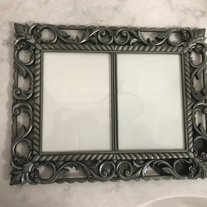Dubbele fotolijsten-metalen tinnen look afwerking-gescrolld-glas-nieuwe vintage-geweldig ouder-jubileum-peetoudergeschenken-zilver dubbel hart