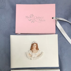 Quinceanera Guest Books-2 Styles-Pink w Silver-White Satin w Quince Girl-White Satin w Lace & Rhinestone 15-Names-Thoughts-Great Keepsakes
