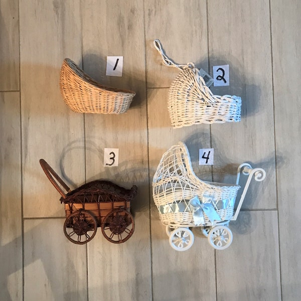 Wicker Cradles & Carriages for Dolls- Baby Showers-Vintage Natural and White Cradles-Wicker 2 Tone Carriage- Poly Wicker Carriage-Blue-Pink