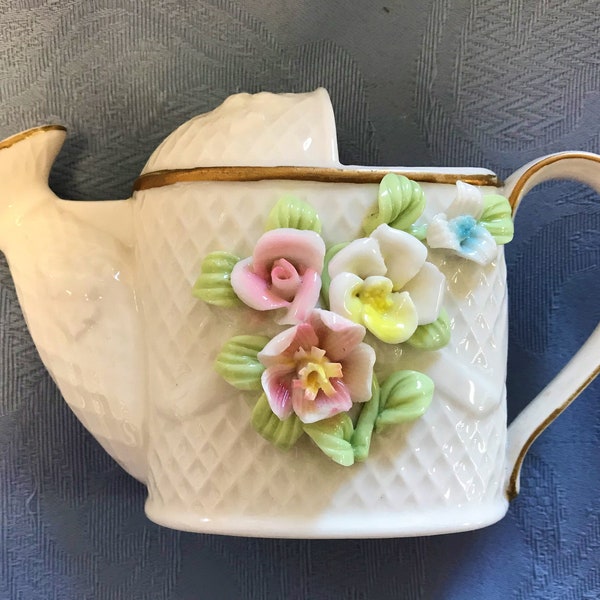 Ceramic Watering Can Vase w Pastel Flowers-Makes a Great Bridal Shower Centerpiece-Easter Decoration-Glazed Ceramic-Vintage Spring Vase