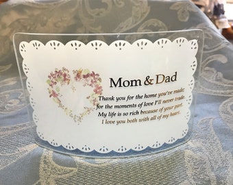 Mom & Dad Gift-Keepsake-Perfect Parents Wedding Thank You, Anniversary Christmas Gift- Beautiful Sentiment- Treasured Keepsake-Beveled Glass