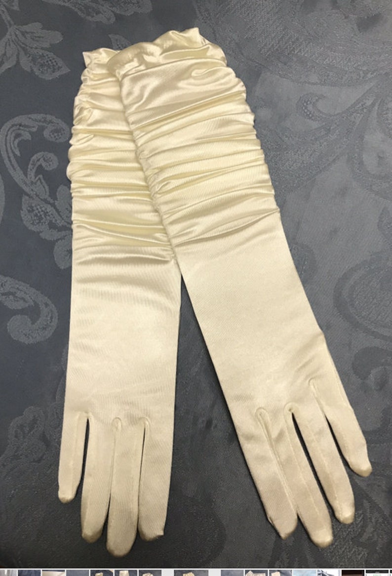 Long Ivory Satin Gloves-Shiny & Matte Satin Fingered Gloves 3 Lengths-Great for Weddings, Proms, Cotillions, Events-The Perfect Final Touch Satin Shirred 15"