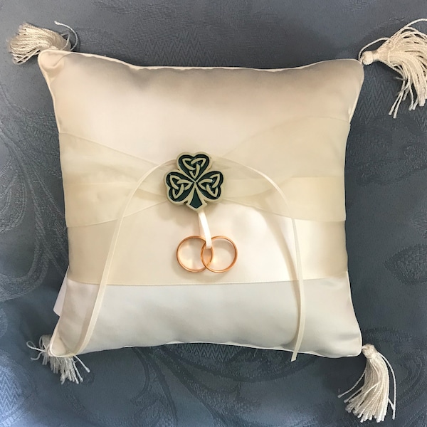 Irish Styled Ring Bearer Pillows-5 Styles-With Trinity Shamrock -Trinity Knot Heart and Claddagh Decoration-Satin & Satin w/ Lace Pillows