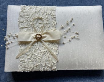 Irish Styled Guestbooks-2 Styles-Ivory Lace/Raw Silk Claddagh-White Satin W Green Shamrock-Perfect For Your Irish Themed Wedding or Event
