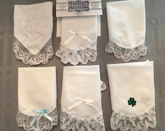 Wedding Hanky Turns into Baptism Babys Bonnet-Heart Lace Hanky w/ Ribbons Becomes a Baptism Hat-Great Keepsake & Gift-Irish or Non-Irish