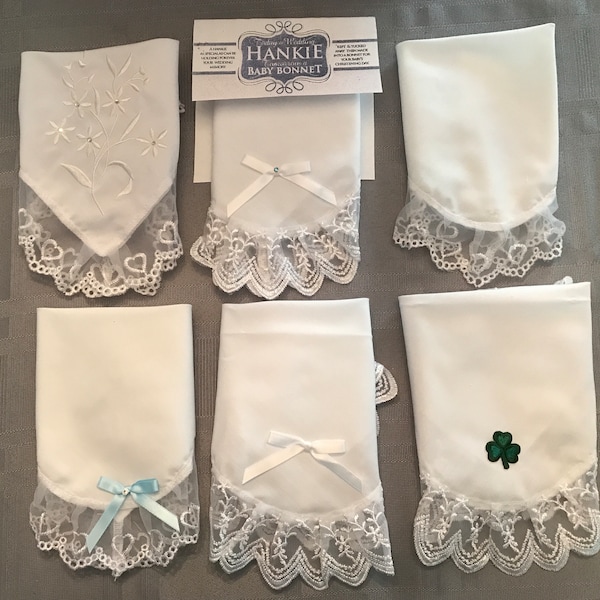 Wedding Hanky Turns into Baptism Babys Bonnet-Heart Lace Hanky w/ Ribbons Becomes a Baptism Hat-Great Keepsake & Gift-Irish or Non-Irish