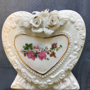 Heart Shaped Vase w Roses Design-Beautifully Crafted in White Bisque Ceramic & Ivory Glaze-Makes a Great Event-Shower-Valentine Centerpiece