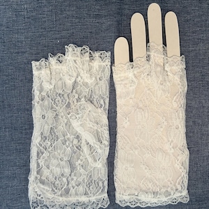 Short Lace Gloves-White-Ivory-Pink-Black w Short & Long Ruffle-10-12" Long-Formal-Vintage-Great for Weddings-Prom-Cotillion-New Years-Events White Finger Less