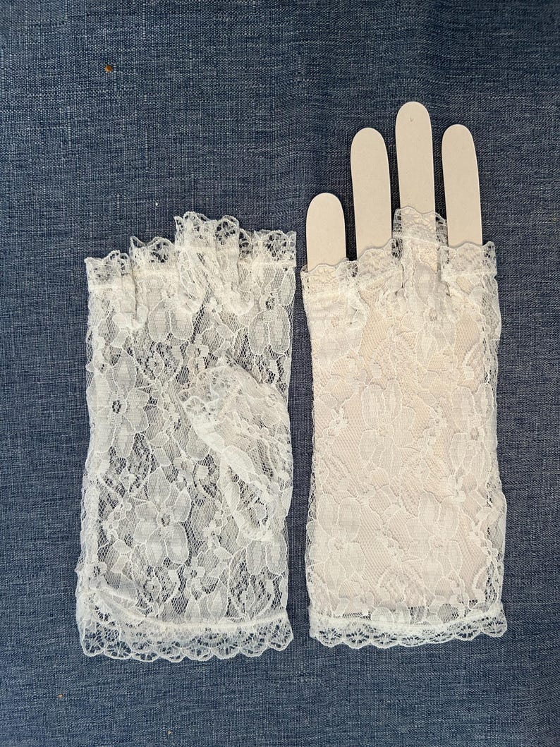 Short Lace Gloves-White-Ivory-Pink-Black w Short & Long Ruffle-10-12" Long-Formal-Vintage-Great for Weddings-Prom-Cotillion-New Years-Events White Finger Less