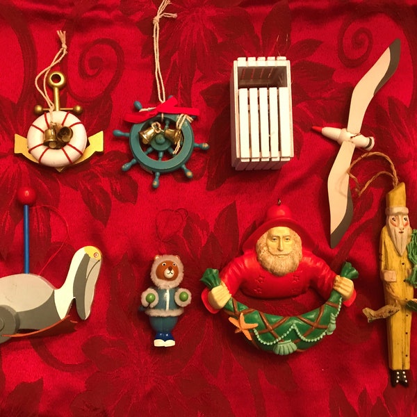 Beach & Nautical Themed Ornaments-7 Vintage Styles-Midwest Importers-Great Condition-Anchor-Shipwheel-Fisherman-Seagull-Pelican-Eskimo-Santa