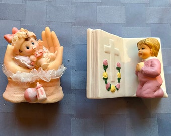 Baby Girl Favors-Figures-Cake Topper-Adorable Baby In Hands Statue-Baby on Book W Cross-Vintage Baby Favors-Baby Shower-Baptism-Communion