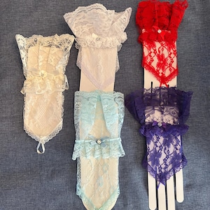 Fingerless Short Lace Gloves-3 Styles-White-Ivory- Lt Blue-Red-Purple-Weddings-Prom-Cotillions-Events-Vintage Look Glove-Show Off Your Nails