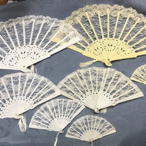 Vintage Lace Folding Fans-4 Sizes-White & Ivory-Perfect Condition from our Bridal Shop-Victorian Fans for You and Your Dolls-19&quot; to 5 1/2&quot;