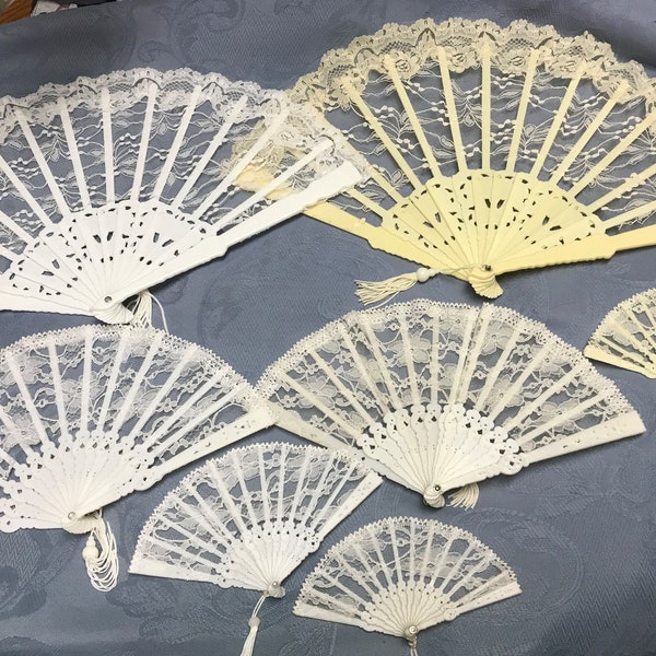 Vintage Lace Folding Fans-4 Sizes-White & Ivory-Perfect Condition from our Bridal Shop-Victorian Fans for You and Your Dolls-16" to 5 1/2"