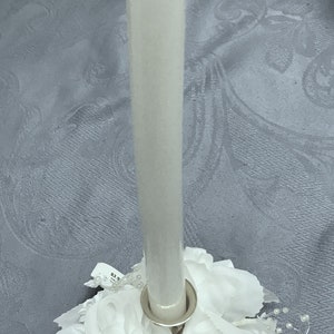 Floral Candle Rings For Taper Candles-2 Styles With 1 Opening-Ivory Shimmer w/ Lillies & Rosebuds-White Satin Shimmer Roses-Pearls-Beads image 6