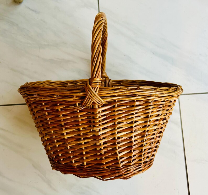 May include: A brown woven wicker basket with a handle. The basket has a rounded shape with a flat bottom and a woven handle that arches over the top. The basket is made of natural-colored wicker.