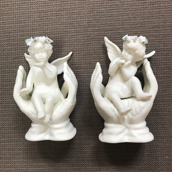 Ceramic Angels in Hand of God Figure- Vintage-Angel Blowing Kisses-Great Baptism,First Communion Gift or Favor-Ceramic Angels w/ Rose Wreath