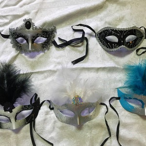 Masquerade and Halloween Masks-5 Styles of Ribbon Tie Masks-Venetian Style Masks & Masks with Feathers-Vintage Masks-Black-White-Siver-Aqua