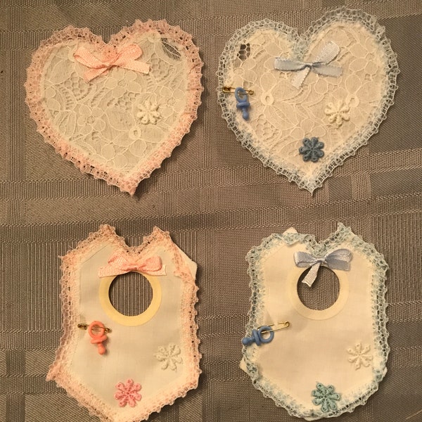 Italian Lace Trim Heart & Bib Favors-5-10 Pcs Pink and Blue Hearts/Bibs-Great for Wedding-Bridal-Baby Showers-Just Add Candy and Your Done !
