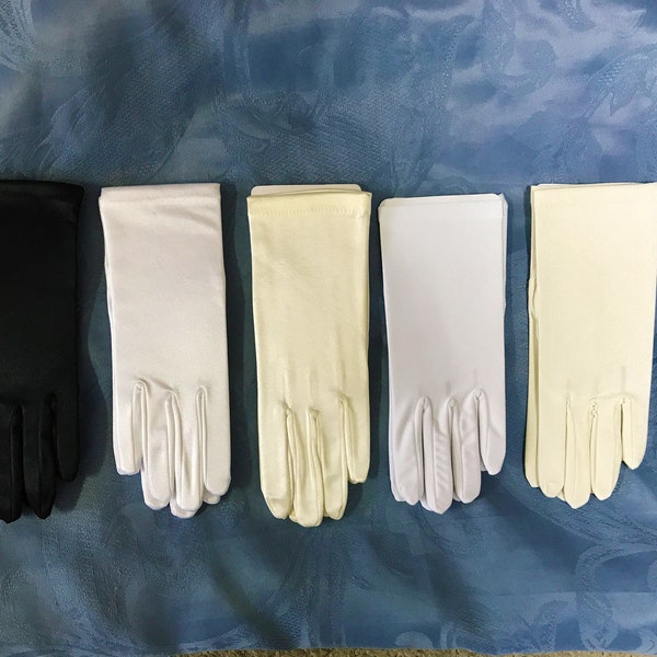 Short Black, Ivory & White Satin Adult Gloves-Perfect for Prom-Weddings-Special Events- Gatsby Galas, Cotillions, Etc.  Elegant Satin Gloves